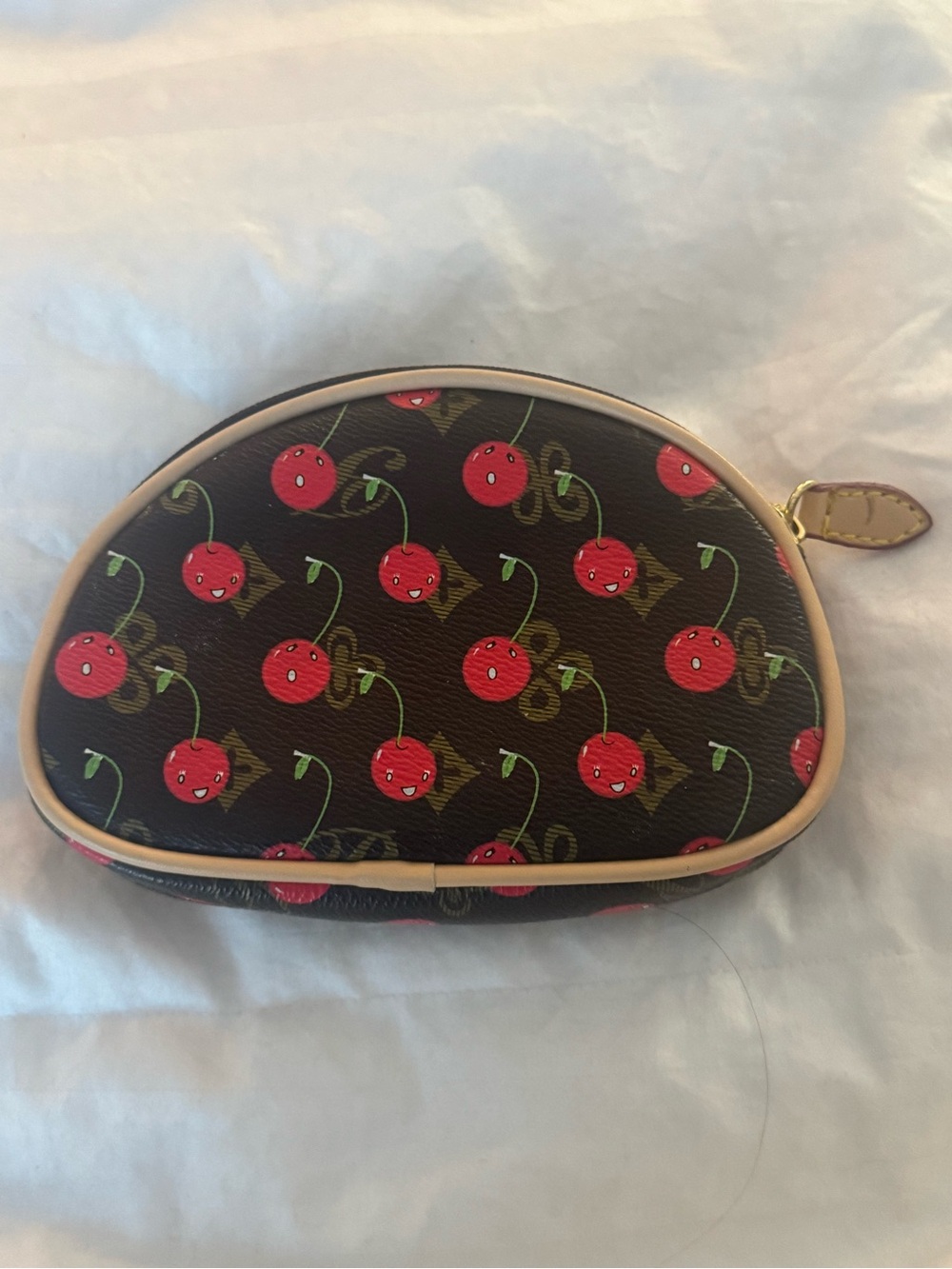 Cherry Print Monogram Dome Cosmetic Pouch Brown Makeup Bag